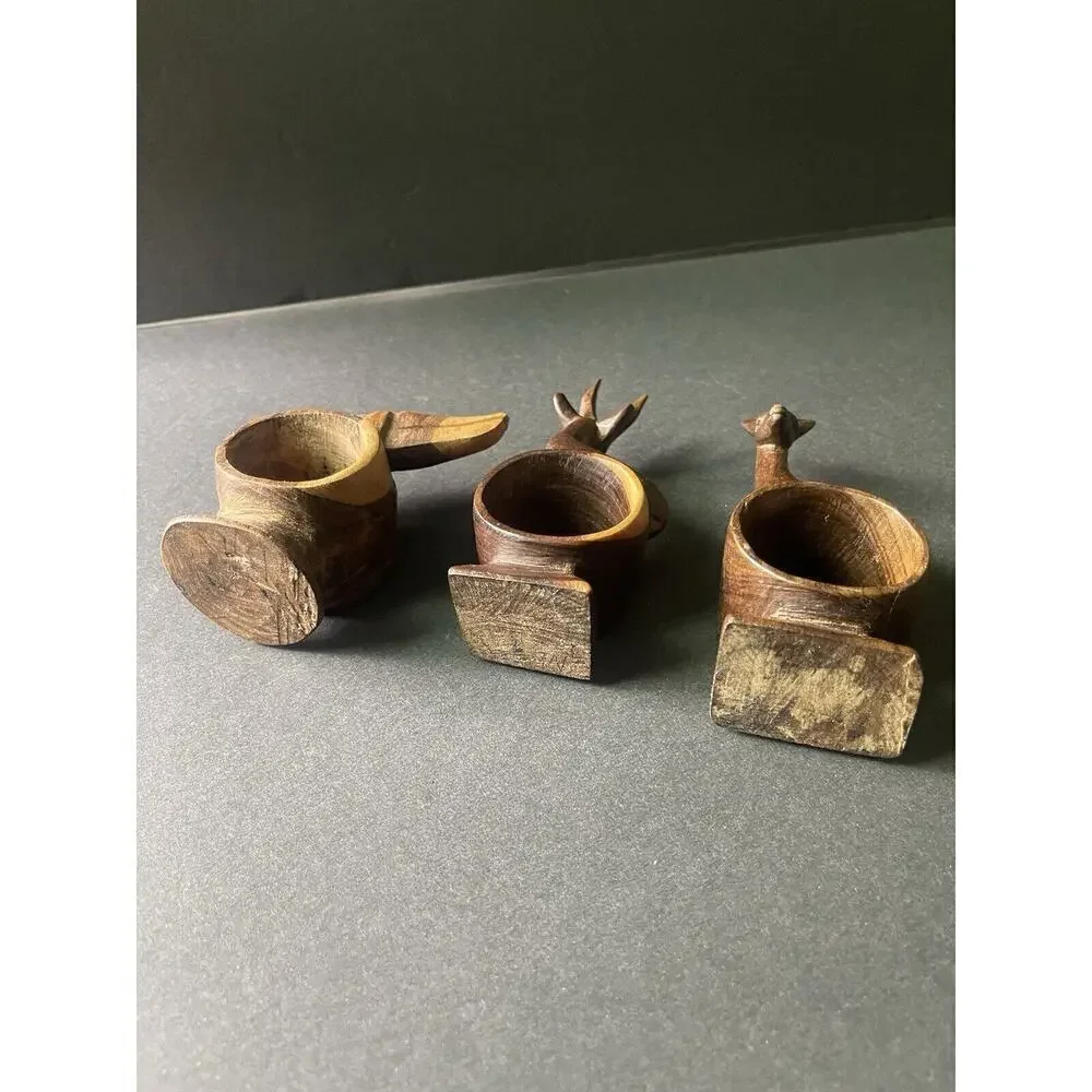 Vintage Set of 3 Hand Carved Wooden African Safari Animal Napkin Ring Holders